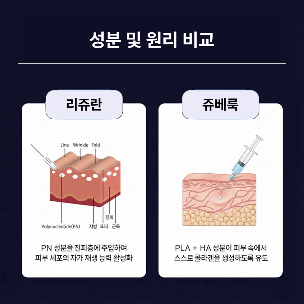 리쥬란 쥬베룩차이 원리 비교